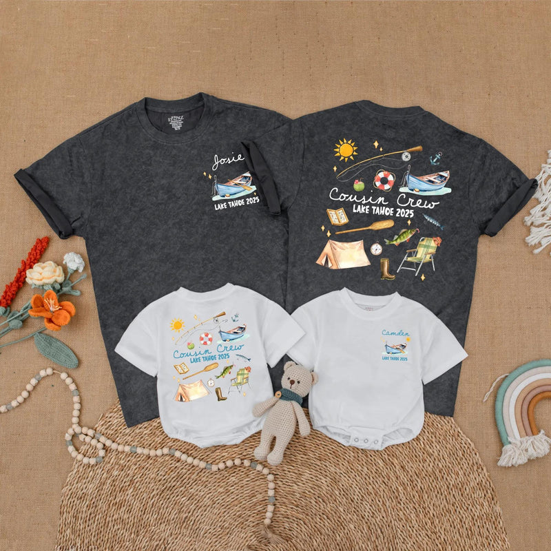 Custom Cousin Crew Matching Lake Tahoe 2025 Shirts for Family Trips, Personalized Summer Vacation Outfits with Whimsical Camping Designs