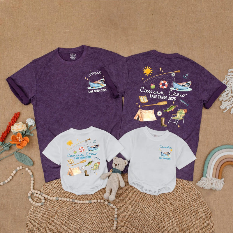 Custom Cousin Crew Matching Lake Tahoe 2025 Shirts for Family Trips, Personalized Summer Vacation Outfits with Whimsical Camping Designs