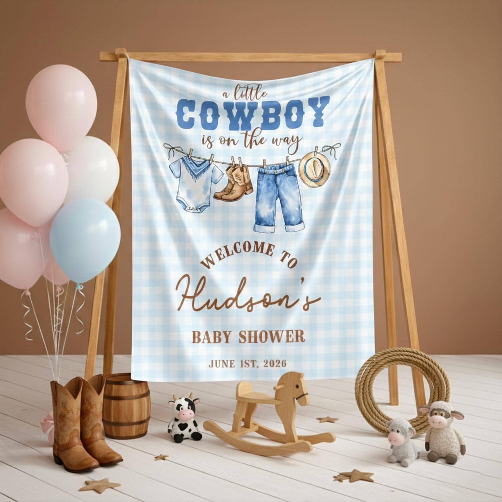 Custom Cowboy Baby Shower Silk Sign with Gingham Pattern, Western Decor Featuring Clothesline Graphic, Soft Blue and Rustic Brown Theme