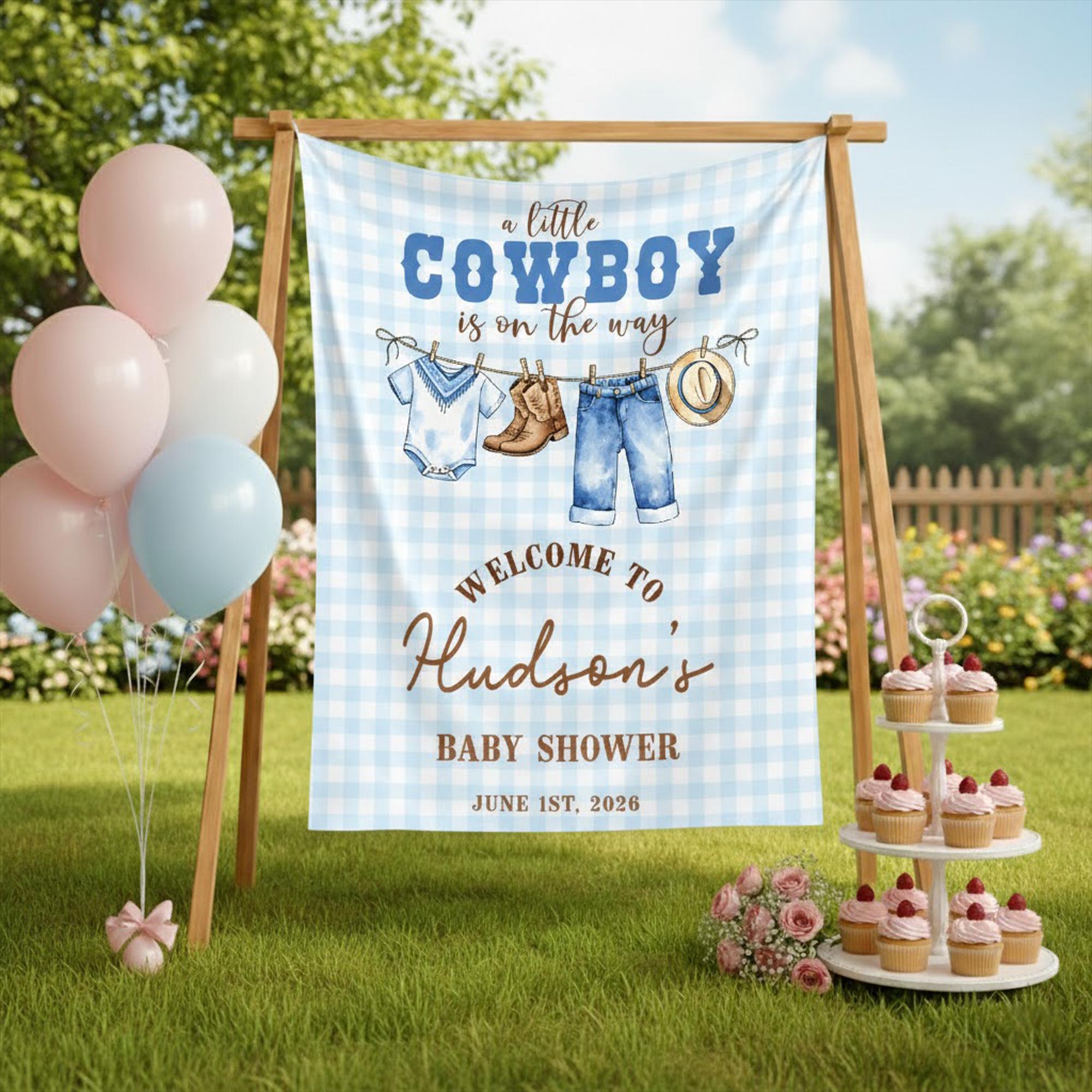 Custom Cowboy Baby Shower Silk Sign with Gingham Pattern, Western Decor Featuring Clothesline Graphic, Soft Blue and Rustic Brown Theme