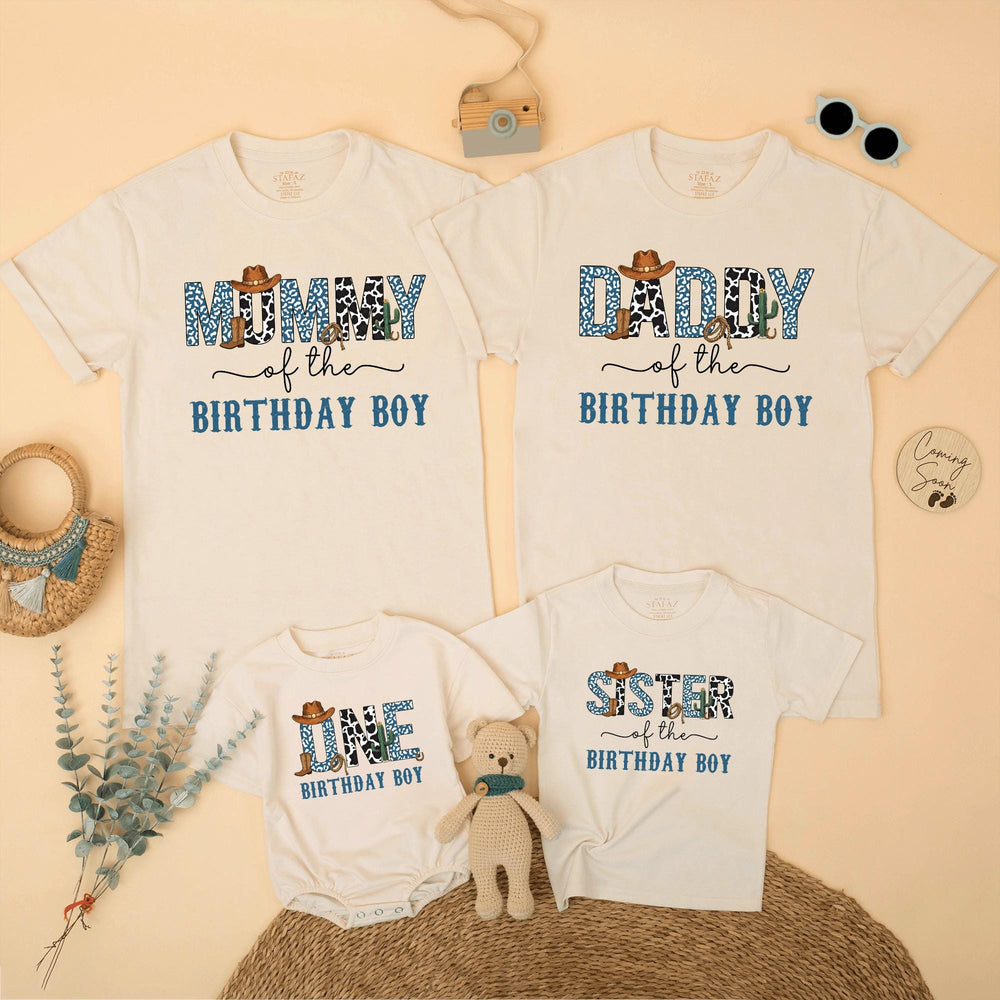 Custom Cowboy First Birthday Shirts for Boys with Blue Leopard Print Western Theme, Matching Family Outfits with Cowboy Hat and Cactus