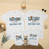 Custom Cowboy First Birthday Shirts for Boys with Blue Leopard Print Western Theme, Matching Family Outfits with Cowboy Hat and Cactus