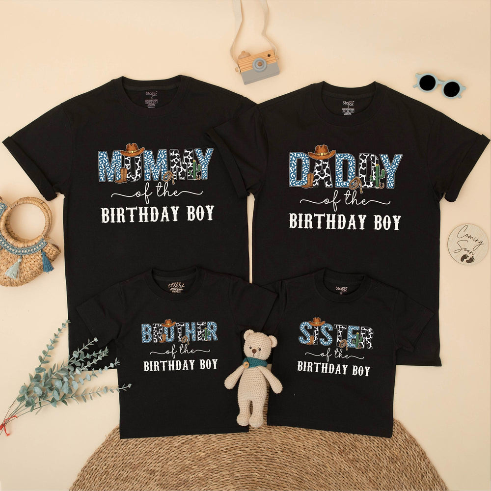 Custom Cowboy First Birthday Shirts for Boys with Blue Leopard Print Western Theme, Matching Family Outfits with Cowboy Hat and Cactus