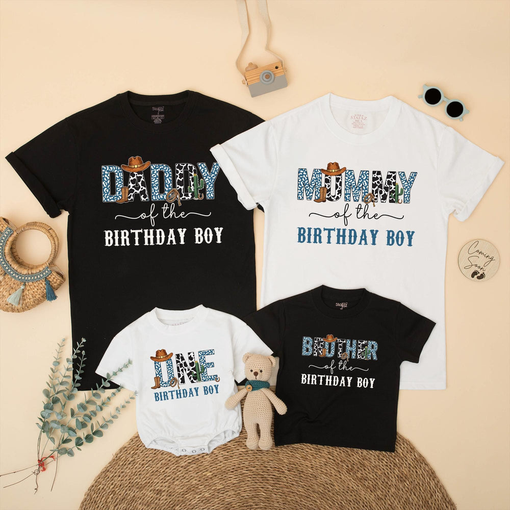 Custom Cowboy First Birthday Shirts for Boys with Blue Leopard Print Western Theme, Matching Family Outfits with Cowboy Hat and Cactus