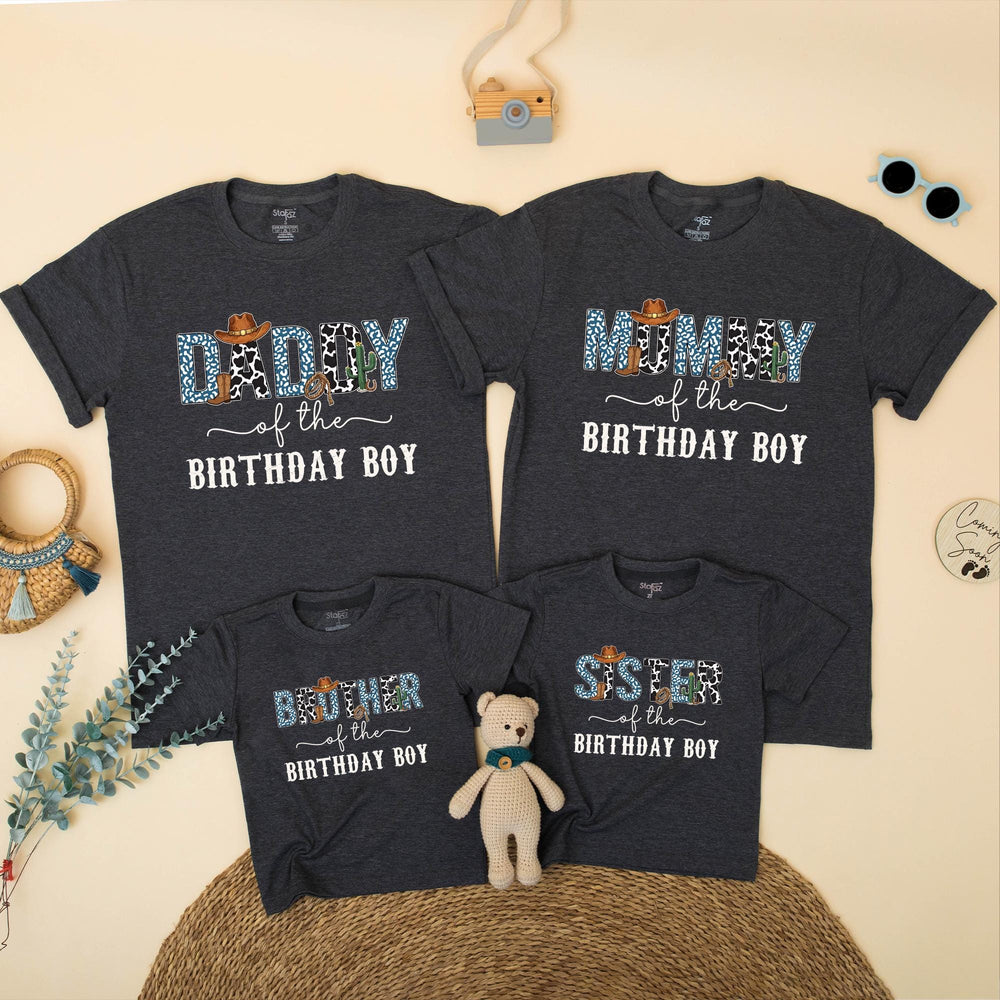 Custom Cowboy First Birthday Shirts for Boys with Blue Leopard Print Western Theme, Matching Family Outfits with Cowboy Hat and Cactus