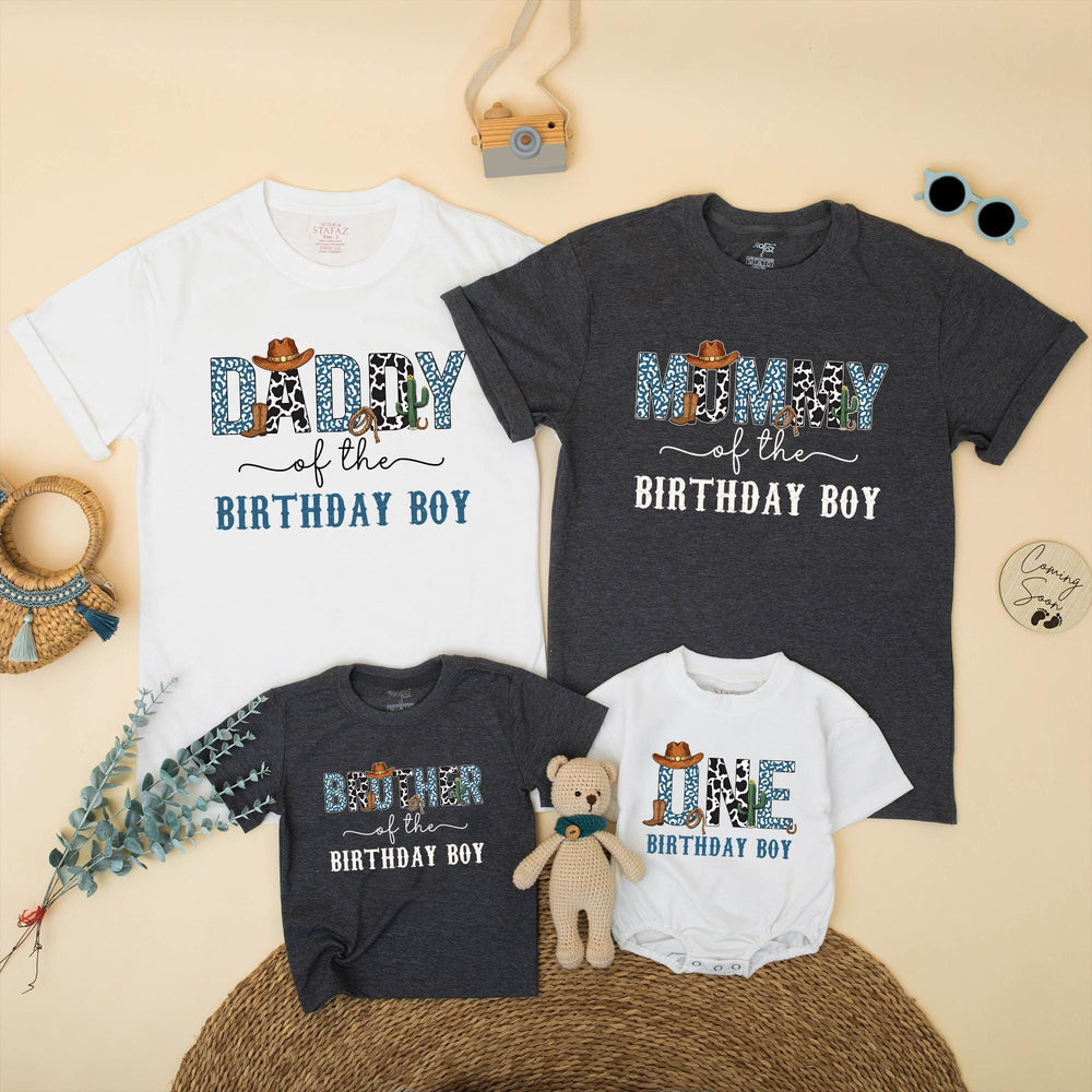 Custom Cowboy First Birthday Shirts for Boys with Blue Leopard Print Western Theme, Matching Family Outfits with Cowboy Hat and Cactus