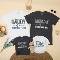 Custom Cowboy First Birthday Shirts for Boys with Blue Leopard Print Western Theme, Matching Family Outfits with Cowboy Hat and Cactus