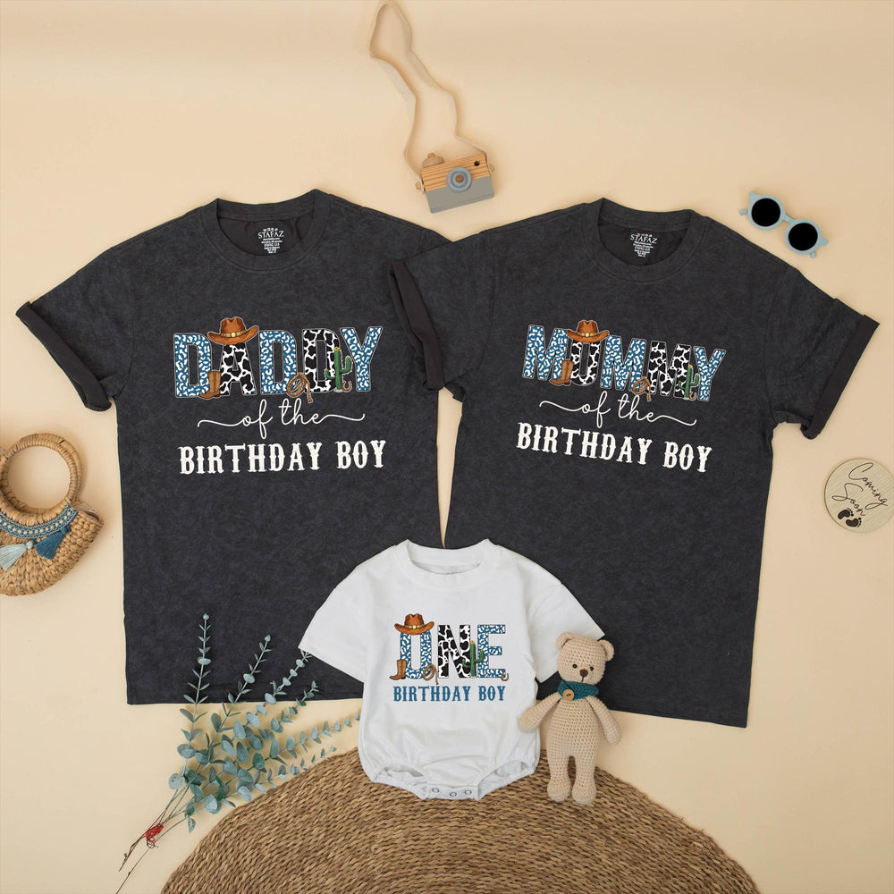 Custom Cowboy First Birthday Shirts for Boys with Blue Leopard Print Western Theme, Matching Family Outfits with Cowboy Hat and Cactus