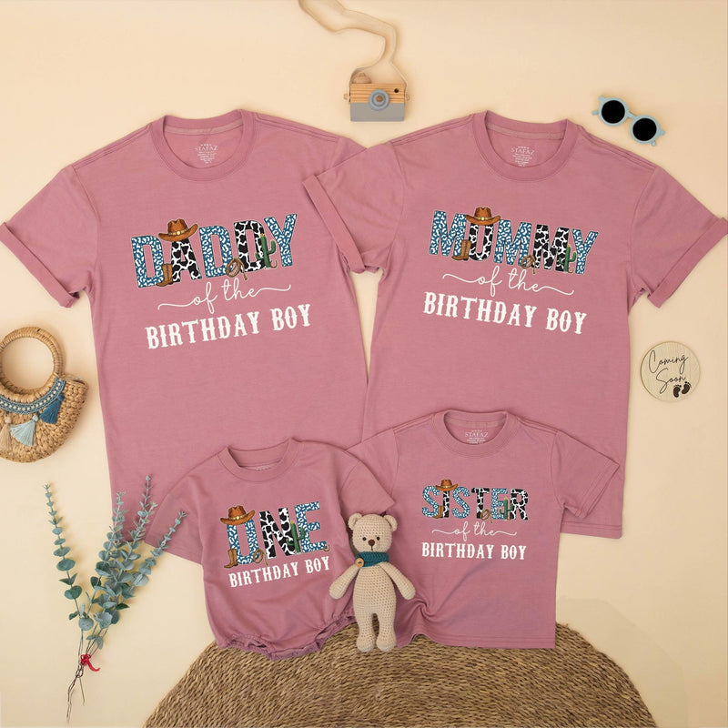 Custom Cowboy First Birthday Shirts for Boys with Blue Leopard Print Western Theme, Matching Family Outfits with Cowboy Hat and Cactus