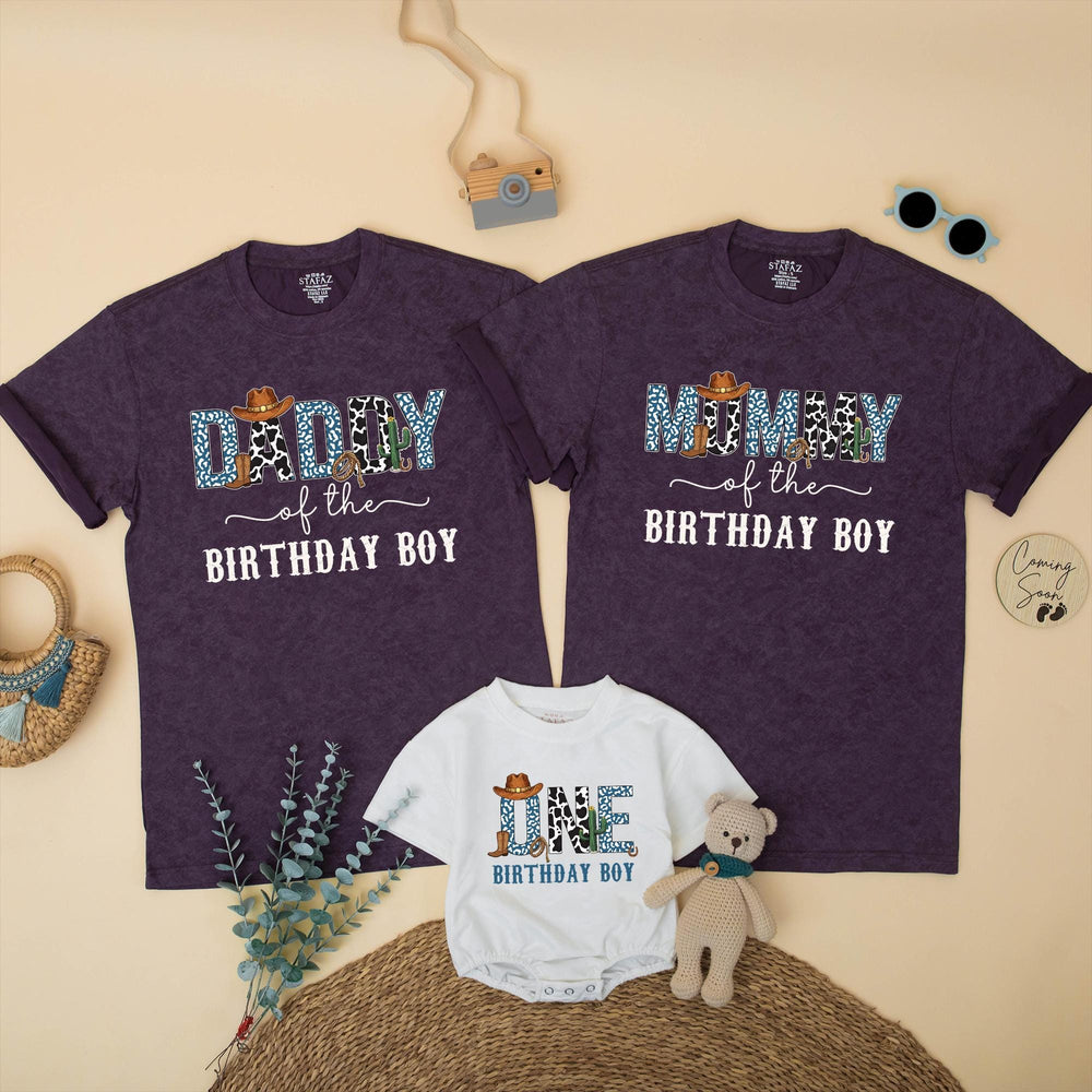 Custom Cowboy First Birthday Shirts for Boys with Blue Leopard Print Western Theme, Matching Family Outfits with Cowboy Hat and Cactus