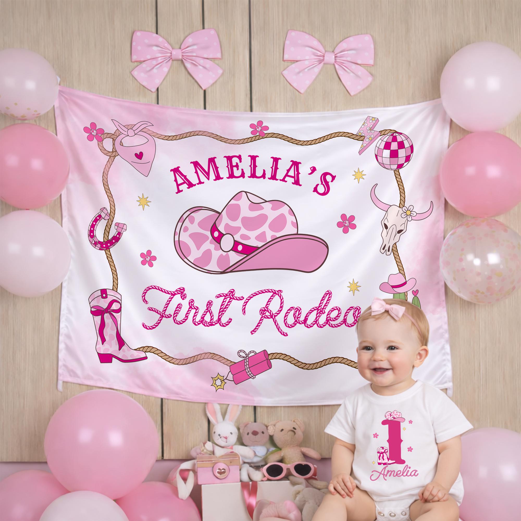 Custom Cowgirl First Birthday Banner with Hot Pink Number One and Amelia's Name Western Themed Party Backdrop Baby Girl Rodeo Decor
