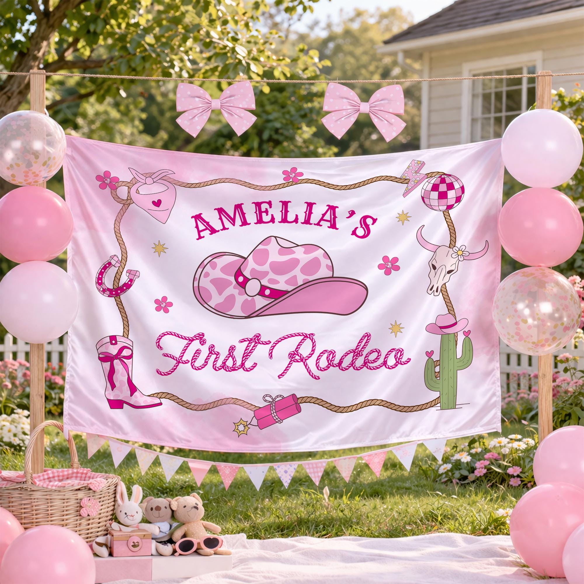 Custom Cowgirl First Birthday Banner with Hot Pink Number One and Amelia's Name Western Themed Party Backdrop Baby Girl Rodeo Decor