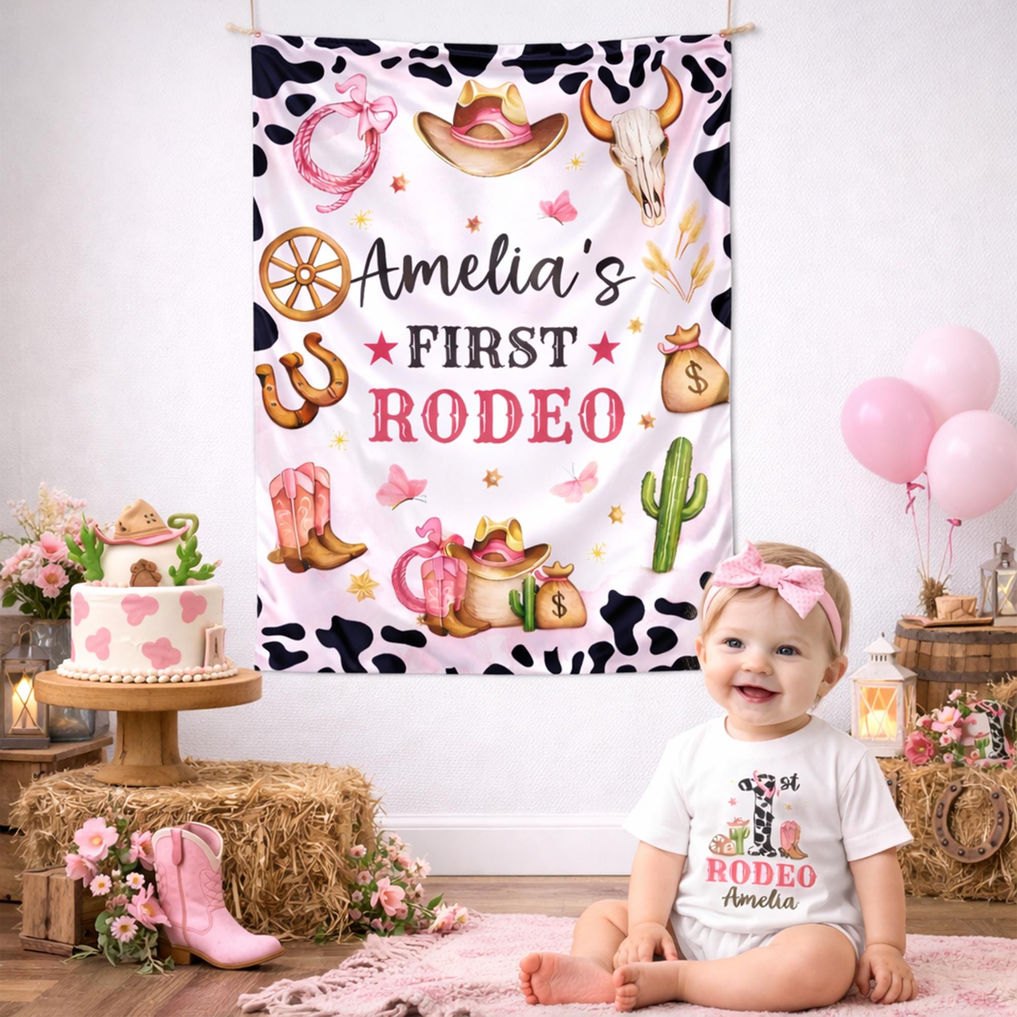 Custom Cowgirl First Birthday Banner and Silk Backdrop with Pink Rodeo Theme, Western Party Decor for Baby Girl’s 1st Birthday Celebration