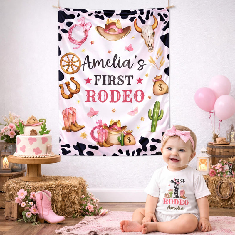 Custom Cowgirl First Birthday Banner and Silk Backdrop with Pink Rodeo Theme, Western Party Decor for Baby Girl’s 1st Birthday Celebration