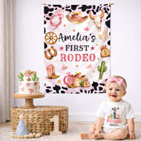 Custom Cowgirl First Birthday Banner and Silk Backdrop with Pink Rodeo Theme, Western Party Decor for Baby Girl’s 1st Birthday Celebration