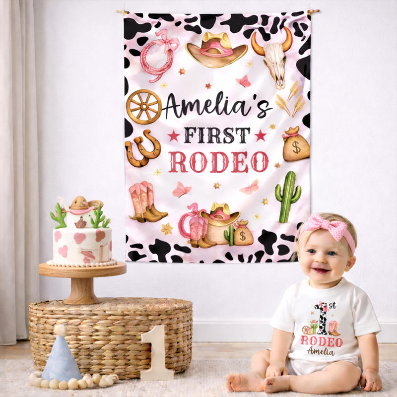 Custom Cowgirl First Birthday Banner and Silk Backdrop with Pink Rodeo Theme, Western Party Decor for Baby Girl’s 1st Birthday Celebration