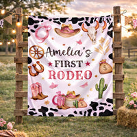 Custom Cowgirl First Birthday Banner and Silk Backdrop with Pink Rodeo Theme, Western Party Decor for Baby Girl’s 1st Birthday Celebration