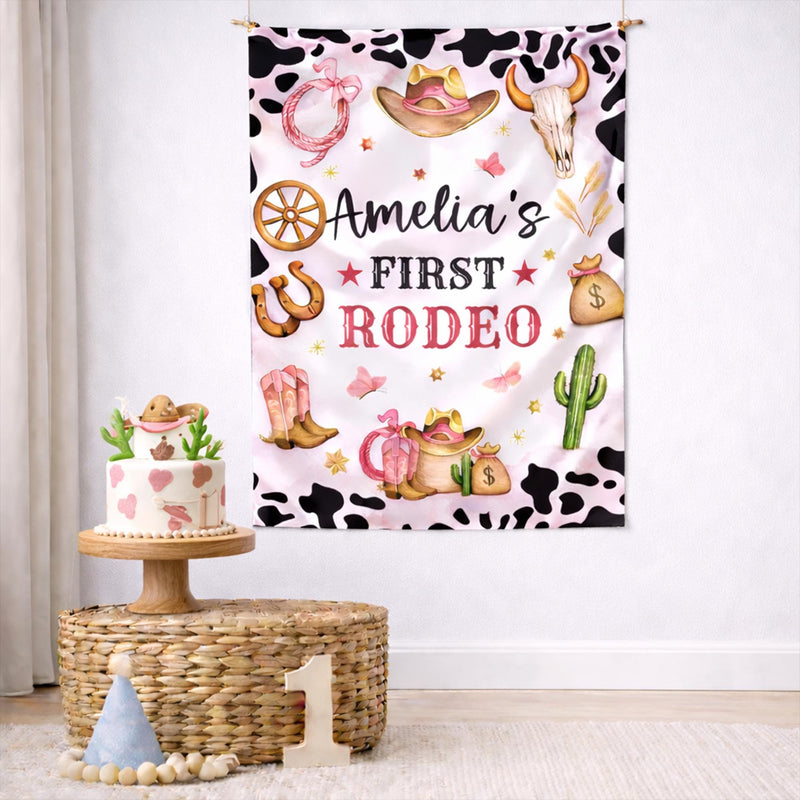 Custom Cowgirl First Birthday Banner and Silk Backdrop with Pink Rodeo Theme, Western Party Decor for Baby Girl’s 1st Birthday Celebration