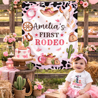 Custom Cowgirl First Birthday Banner and Silk Backdrop with Pink Rodeo Theme, Western Party Decor for Baby Girl’s 1st Birthday Celebration