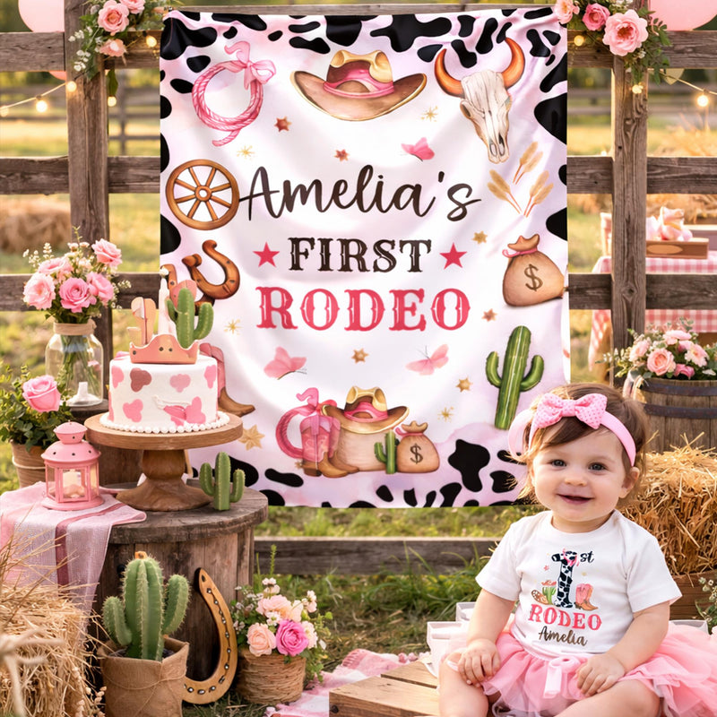 Custom Cowgirl First Birthday Banner and Silk Backdrop with Pink Rodeo Theme, Western Party Decor for Baby Girl’s 1st Birthday Celebration