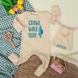 Custom Crawl Walk Surf Baby Bodysuit with Hat, Personalized Beach Newborn Outfit, Soft Cotton Summer Romper for Baby Shower or Ocean Photos
