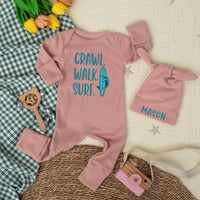 Custom Crawl Walk Surf Baby Bodysuit with Hat, Personalized Beach Newborn Outfit, Soft Cotton Summer Romper for Baby Shower or Ocean Photos