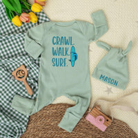 Custom Crawl Walk Surf Baby Bodysuit with Hat, Personalized Beach Newborn Outfit, Soft Cotton Summer Romper for Baby Shower or Ocean Photos