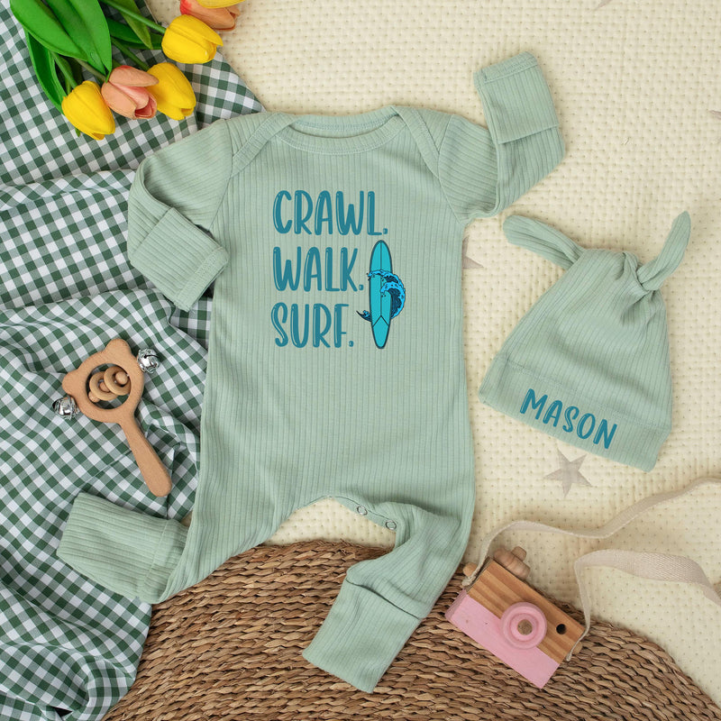 Custom Crawl Walk Surf Baby Bodysuit with Hat, Personalized Beach Newborn Outfit, Soft Cotton Summer Romper for Baby Shower or Ocean Photos