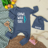 Custom Crawl Walk Surf Baby Bodysuit with Hat, Personalized Beach Newborn Outfit, Soft Cotton Summer Romper for Baby Shower or Ocean Photos