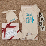 Custom Crawl Walk Surf Baby Bodysuit with Hat, Personalized Beach Newborn Outfit, Soft Cotton Summer Romper for Baby Shower or Ocean Photos