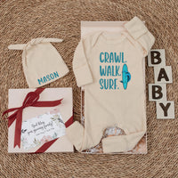Custom Crawl Walk Surf Baby Bodysuit with Hat, Personalized Beach Newborn Outfit, Soft Cotton Summer Romper for Baby Shower or Ocean Photos