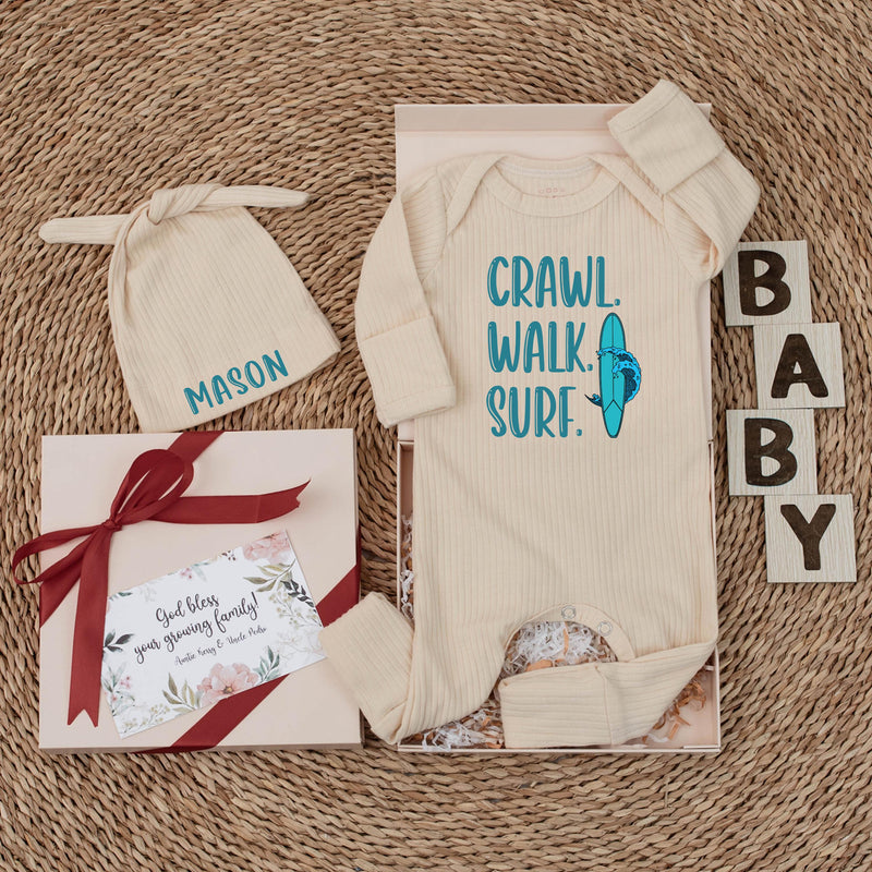 Custom Crawl Walk Surf Baby Bodysuit with Hat, Personalized Beach Newborn Outfit, Soft Cotton Summer Romper for Baby Shower or Ocean Photos