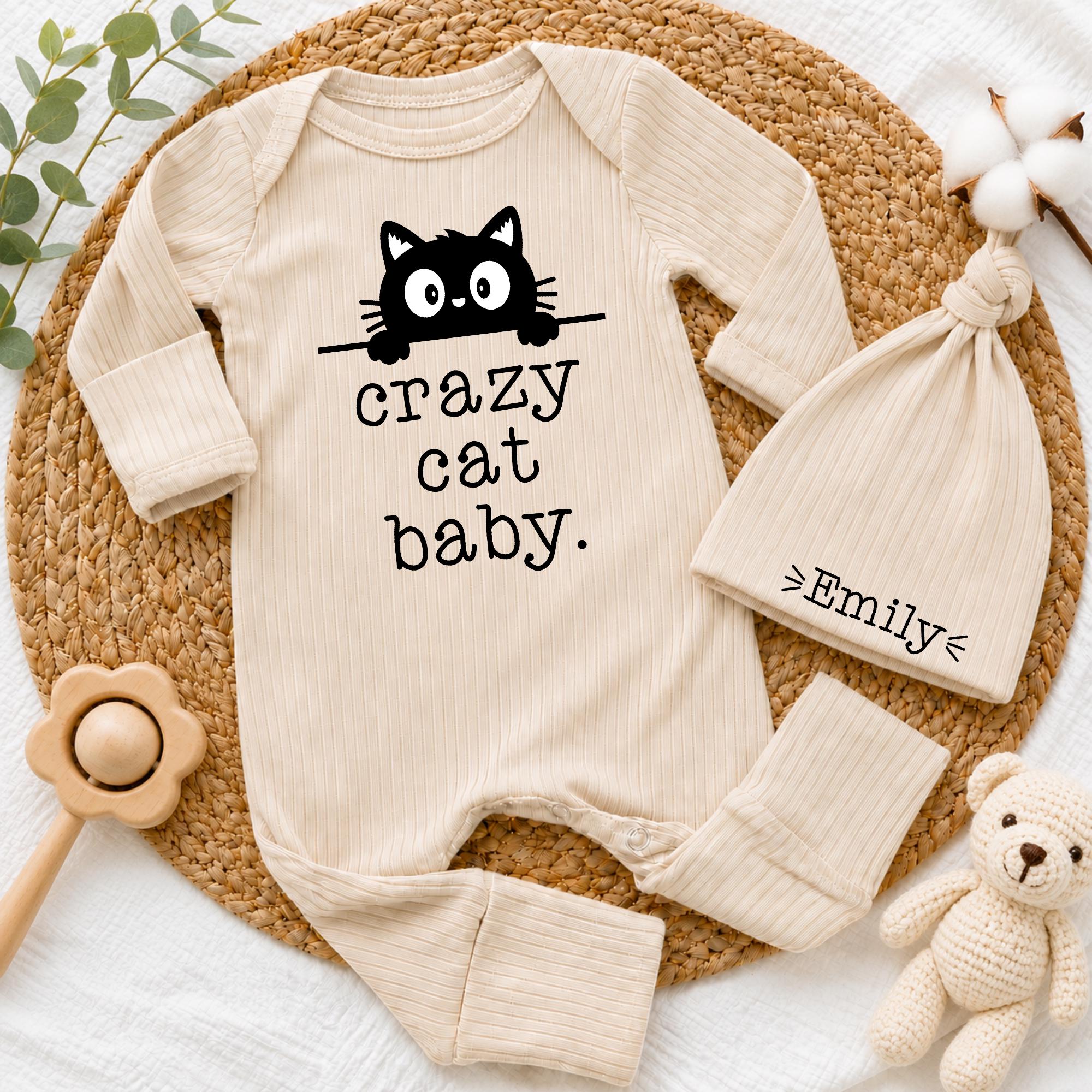 Custom Crazy Cat Baby Bodysuit & Hat Set with Name, Funny Cat Lover Newborn Outfit, Soft Cotton Coming Home Clothes, Baby Shower Gift