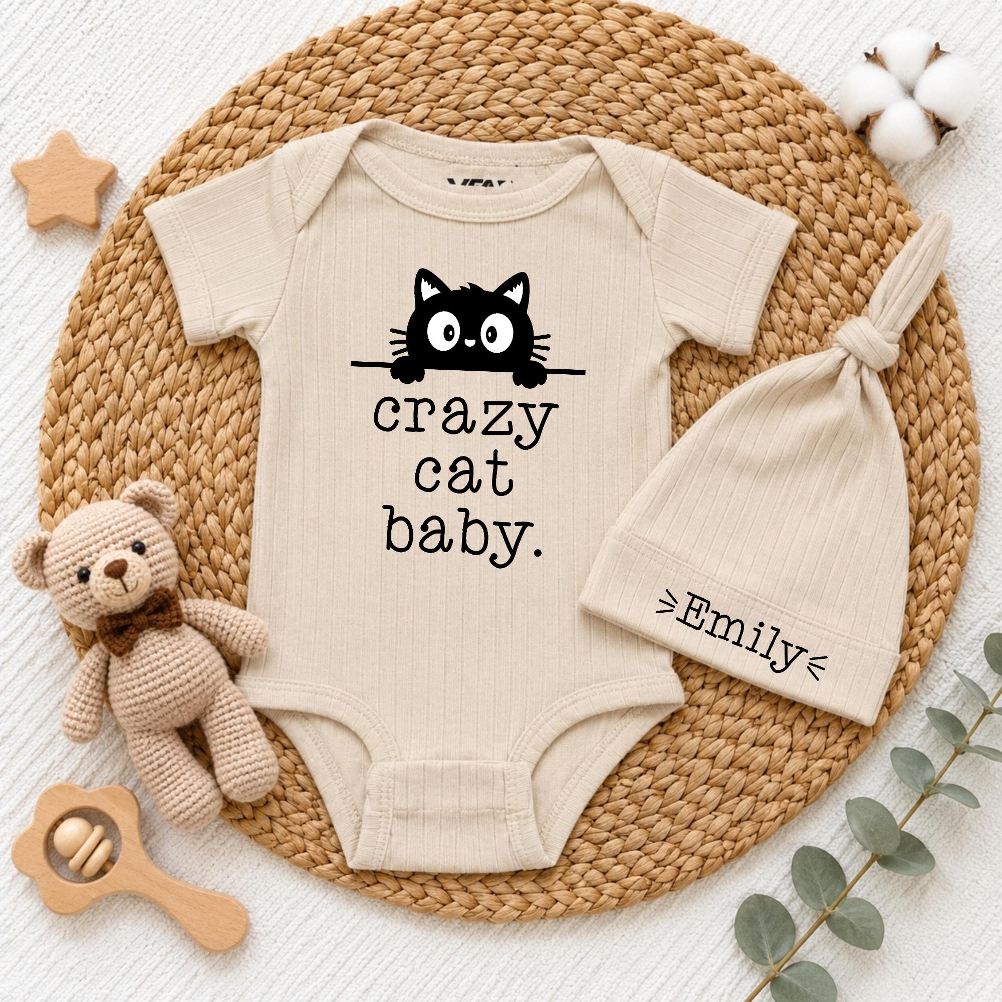 Custom Crazy Cat Baby Bodysuit & Hat Set with Name, Funny Cat Lover Newborn Outfit, Soft Cotton Coming Home Clothes, Baby Shower Gift