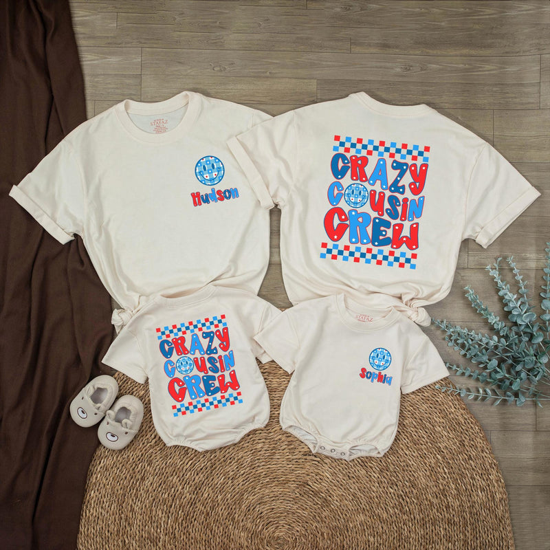Custom Crazy Cousin Crew Matching Family Shirts with USA Flag Motif, Kids and Toddler Patriotic Outfits, Soft Cotton for 4th of July Fun
