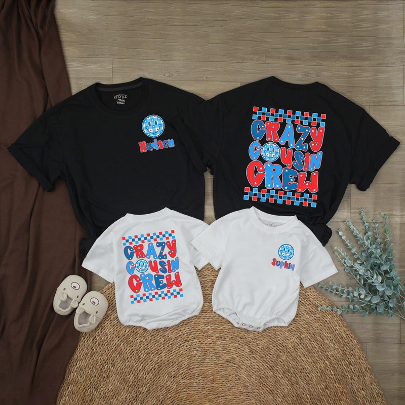 Custom Crazy Cousin Crew Matching Family Shirts with USA Flag Motif, Kids and Toddler Patriotic Outfits, Soft Cotton for 4th of July Fun