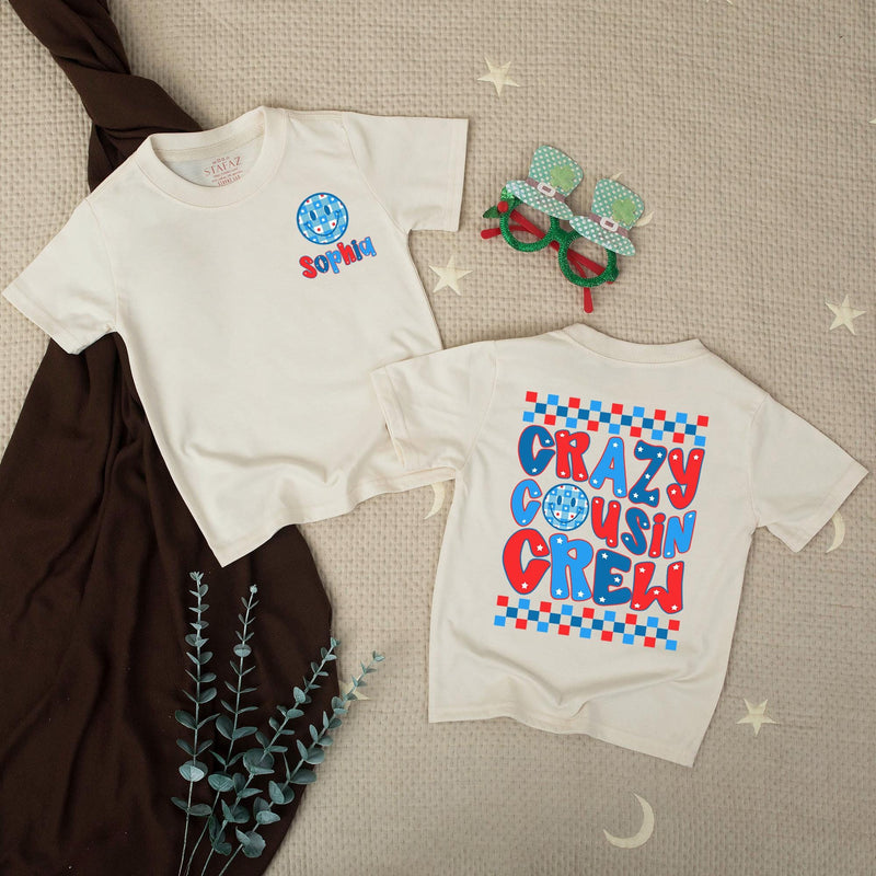 Custom Crazy Cousin Crew Matching Family Shirts with USA Flag Motif, Kids and Toddler Patriotic Outfits, Soft Cotton for 4th of July Fun
