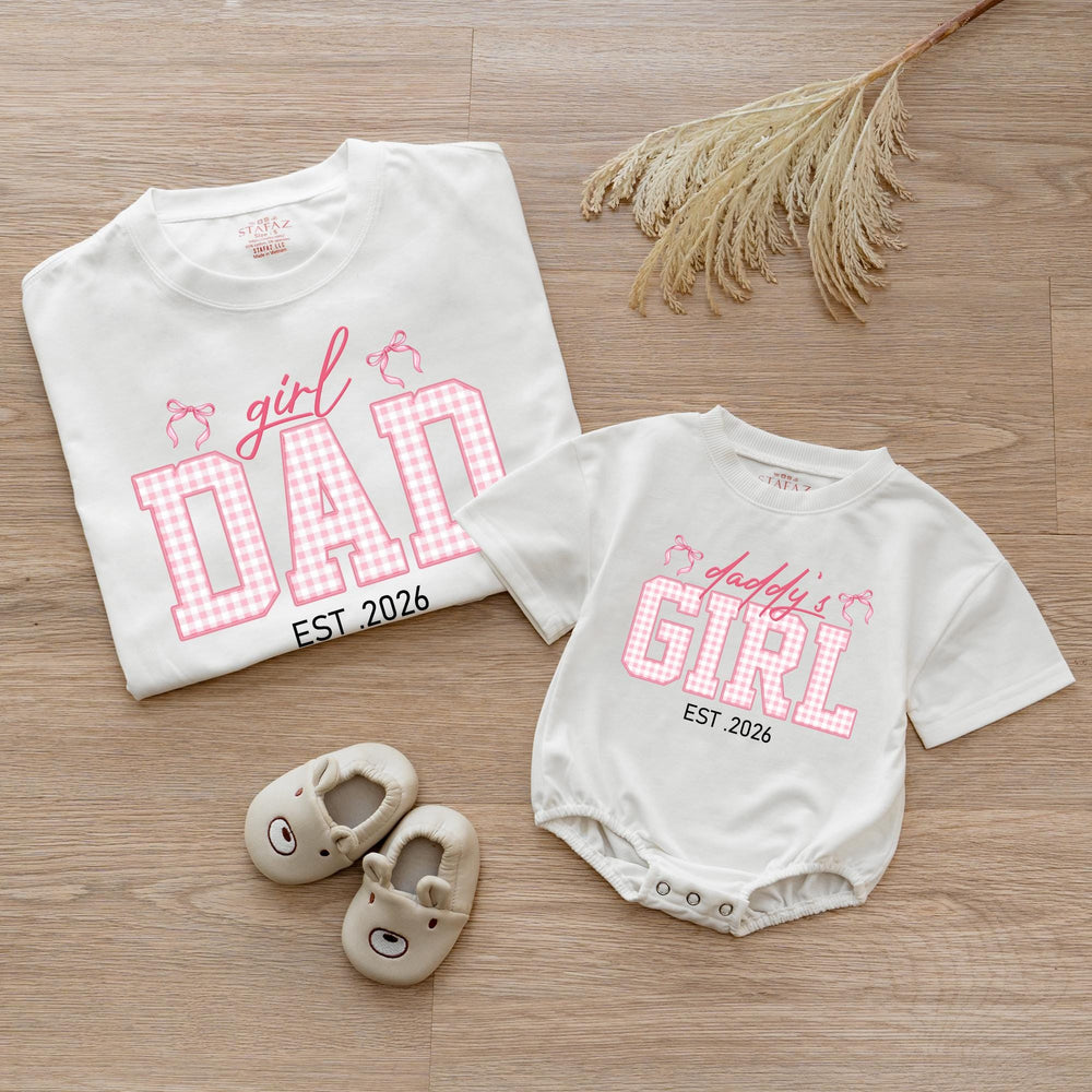 Custom Dad and Daughter Matching Shirts Pink Gingham Family Outfit Est 2026 Father Baby Girl Gift Whimsical Bow Design Cotton Tee