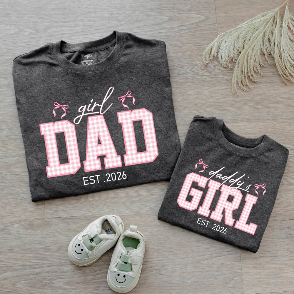 Custom Dad and Daughter Matching Shirts Pink Gingham Family Outfit Est 2026 Father Baby Girl Gift Whimsical Bow Design Cotton Tee