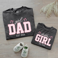 Custom Dad and Daughter Matching Shirts Pink Gingham Family Outfit Est 2026 Father Baby Girl Gift Whimsical Bow Design Cotton Tee