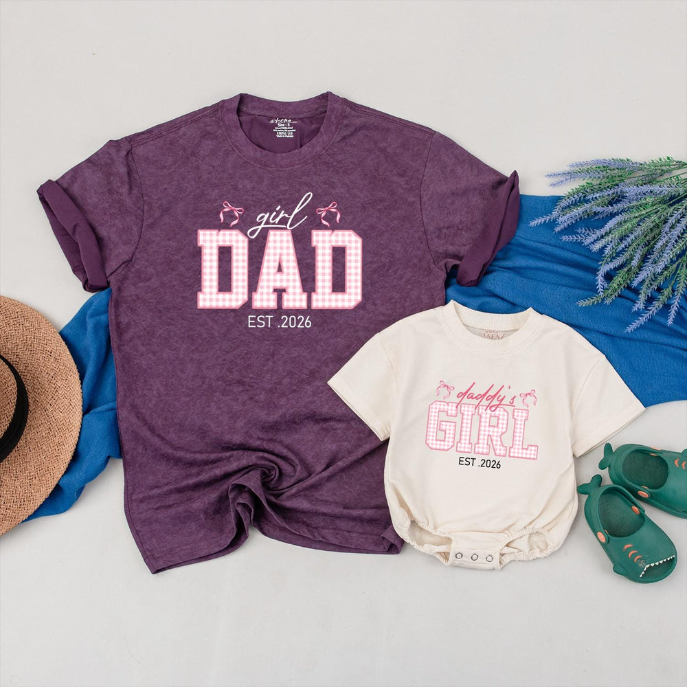 Custom Dad and Daughter Matching Shirts Pink Gingham Family Outfit Est 2026 Father Baby Girl Gift Whimsical Bow Design Cotton Tee