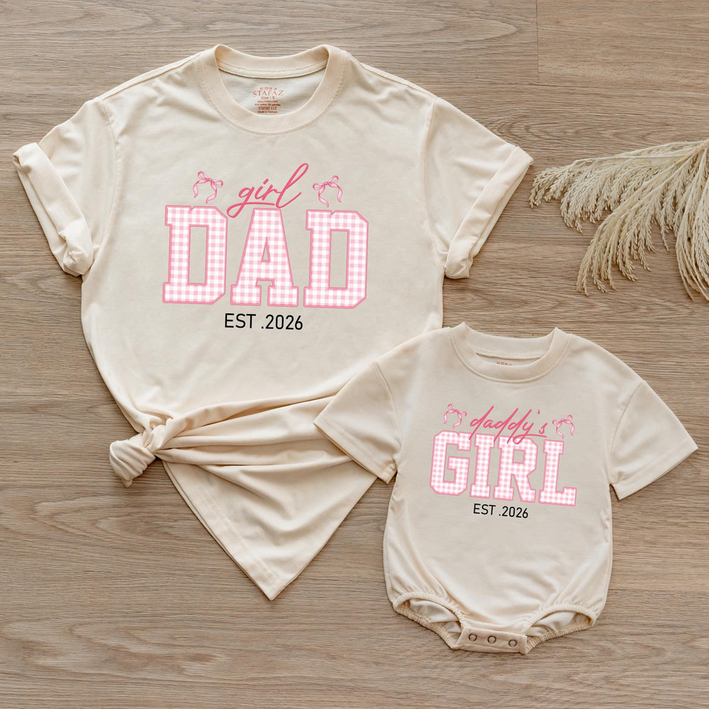 Custom Dad and Daughter Matching Shirts Pink Gingham Family Outfit Est 2026 Father Baby Girl Gift Whimsical Bow Design Cotton Tee