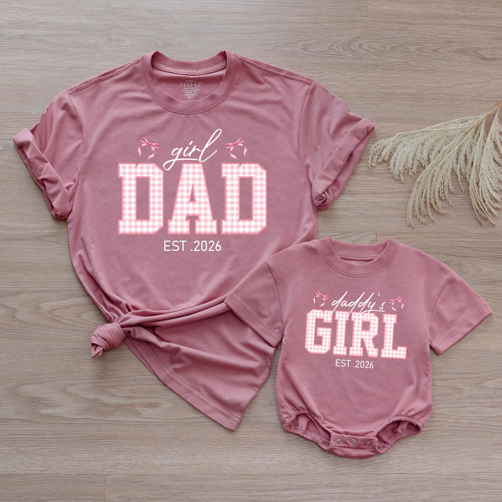 Custom Dad and Daughter Matching Shirts Pink Gingham Family Outfit Est 2026 Father Baby Girl Gift Whimsical Bow Design Cotton Tee