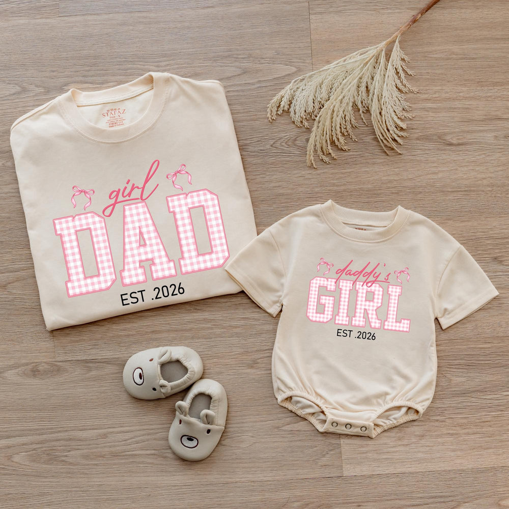 Custom Dad and Daughter Matching Shirts Pink Gingham Family Outfit Est 2026 Father Baby Girl Gift Whimsical Bow Design Cotton Tee