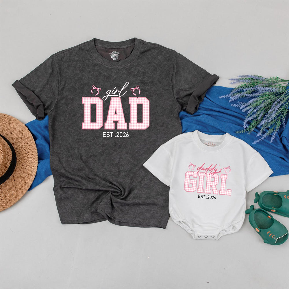 Custom Dad and Daughter Matching Shirts Pink Gingham Family Outfit Est 2026 Father Baby Girl Gift Whimsical Bow Design Cotton Tee