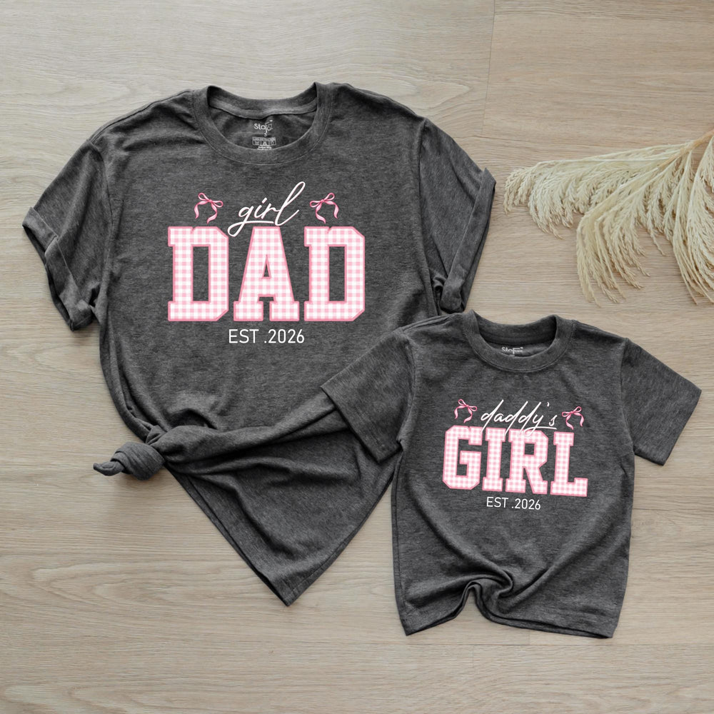 Custom Dad and Daughter Matching Shirts Pink Gingham Family Outfit Est 2026 Father Baby Girl Gift Whimsical Bow Design Cotton Tee