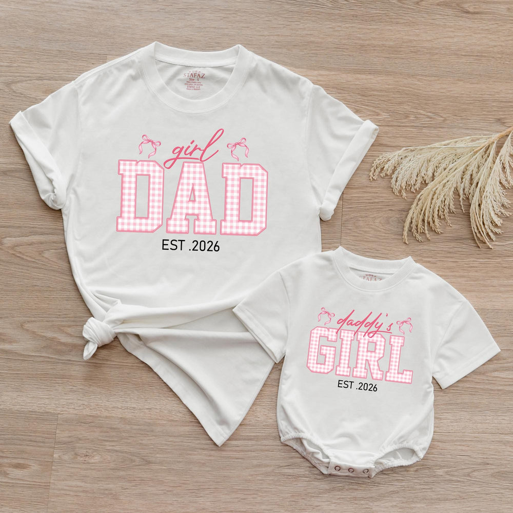 Custom Dad and Daughter Matching Shirts Pink Gingham Family Outfit Est 2026 Father Baby Girl Gift Whimsical Bow Design Cotton Tee