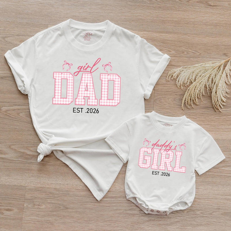 Custom Dad and Daughter Matching Shirts Pink Gingham Family Outfit Est 2026 Father Baby Girl Gift Whimsical Bow Design Cotton Tee