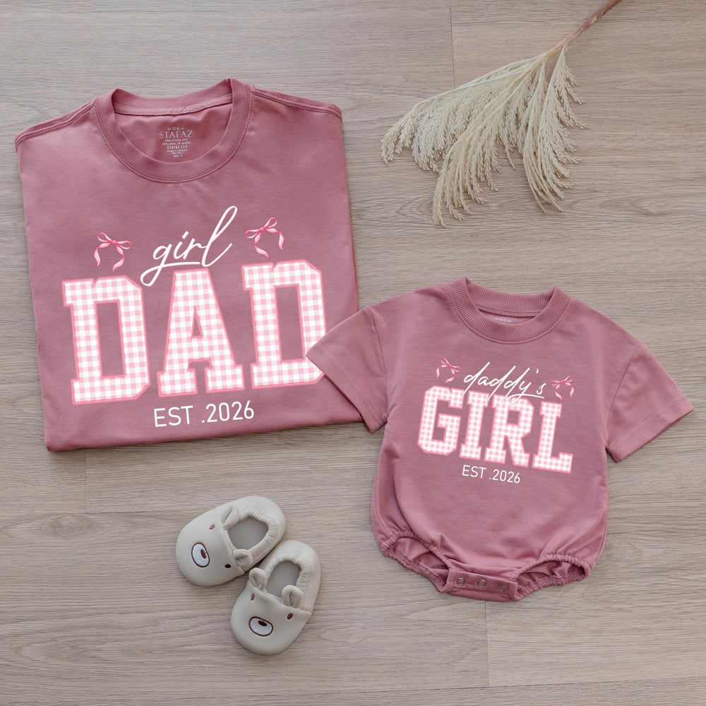 Custom Dad and Daughter Matching Shirts Pink Gingham Family Outfit Est 2026 Father Baby Girl Gift Whimsical Bow Design Cotton Tee