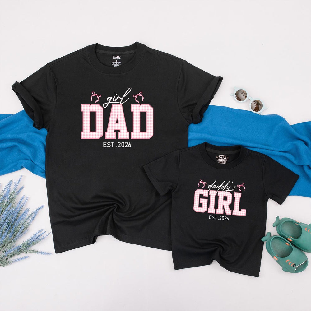 Custom Dad and Daughter Matching Shirts Pink Gingham Family Outfit Est 2026 Father Baby Girl Gift Whimsical Bow Design Cotton Tee